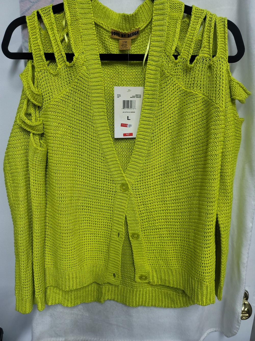 Love By Design Neon Lime Open-Knit Cold-Shoulder Cardigan